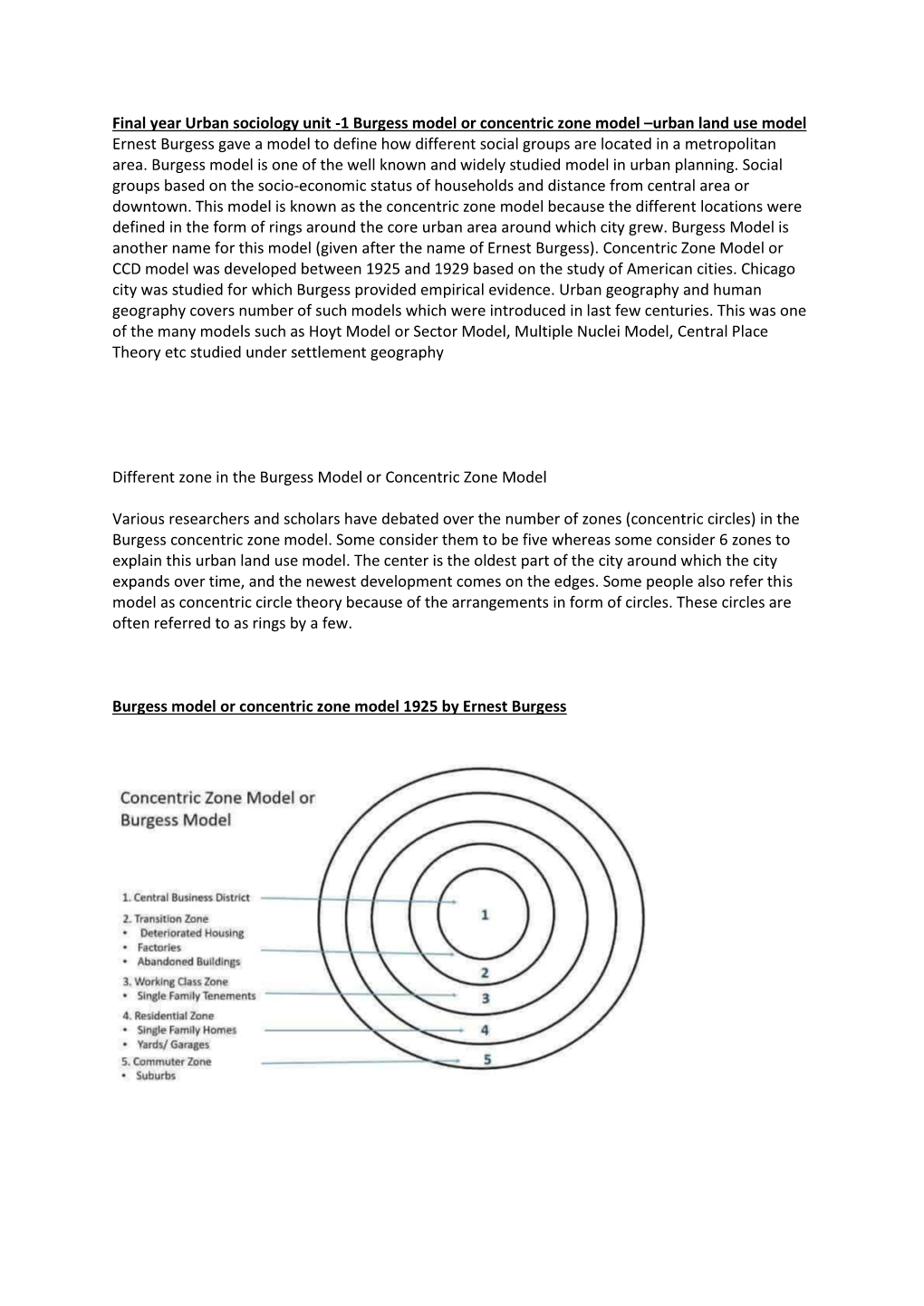 Burgess Model Or Concentric Zone Model –Urban Land Use Model Ernest Burgess Gave a Model to Define How Different Social Groups Are Located in a Metropolitan Area