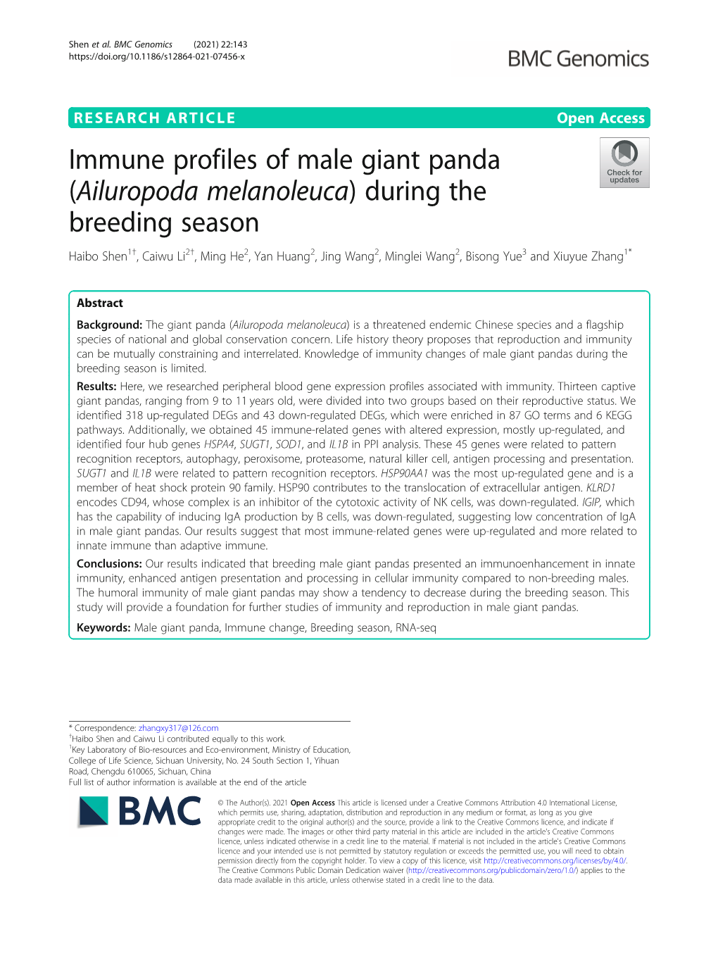 Immune Profiles of Male Giant Panda (Ailuropoda Melanoleuca)