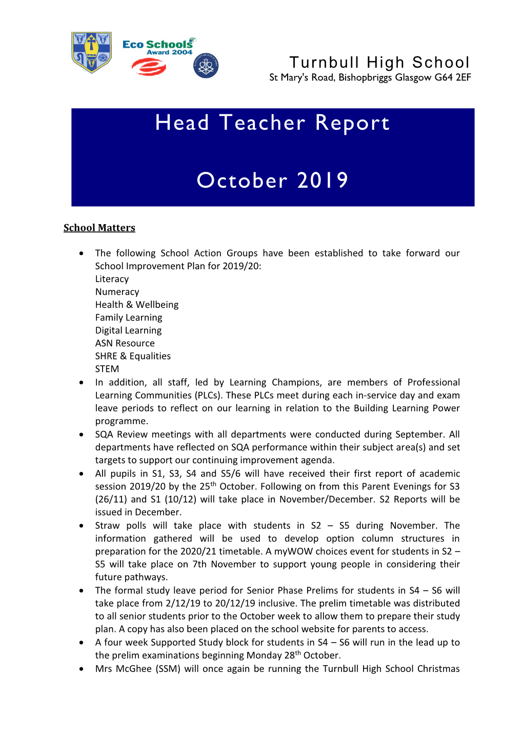 October 2019 Head Teacher Report