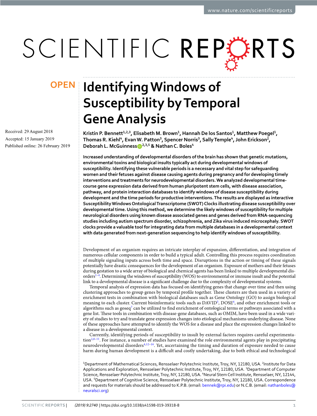 Identifying Windows of Susceptibility by Temporal Gene Analysis Received: 29 August 2018 Kristin P