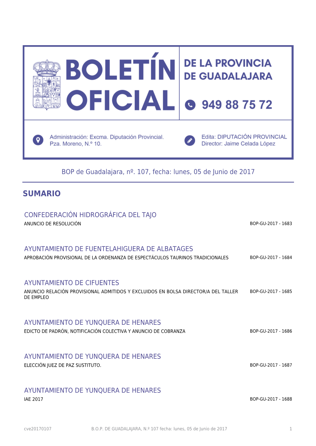BOP De Guadalajara, Nº. 107, Fecha: Lunes, 05 De Junio De 2017