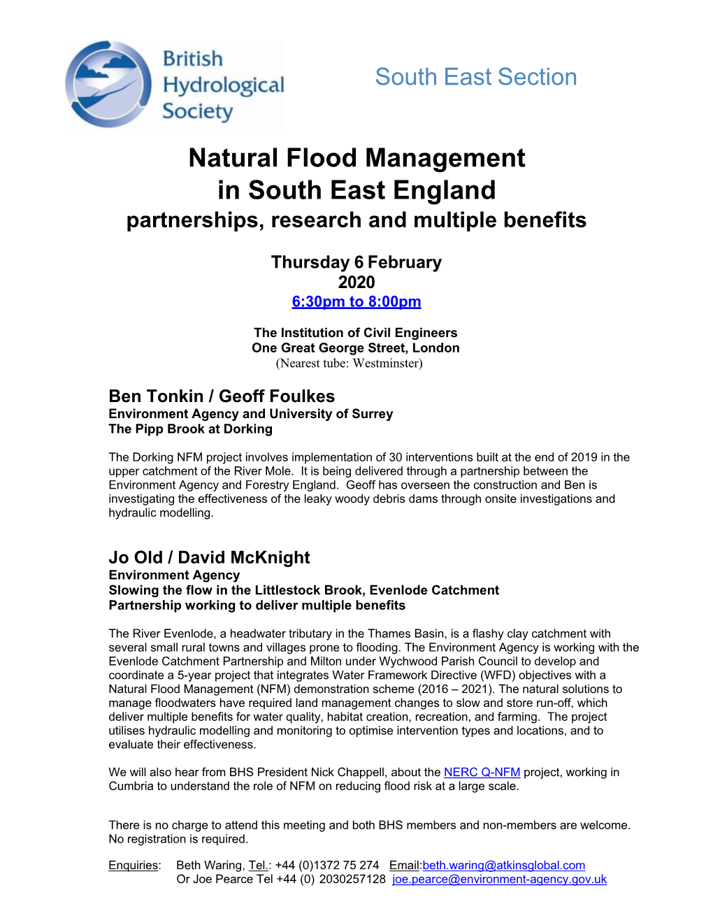 Natural Flood Management in South East England Partnerships, Research and Multiple Benefits