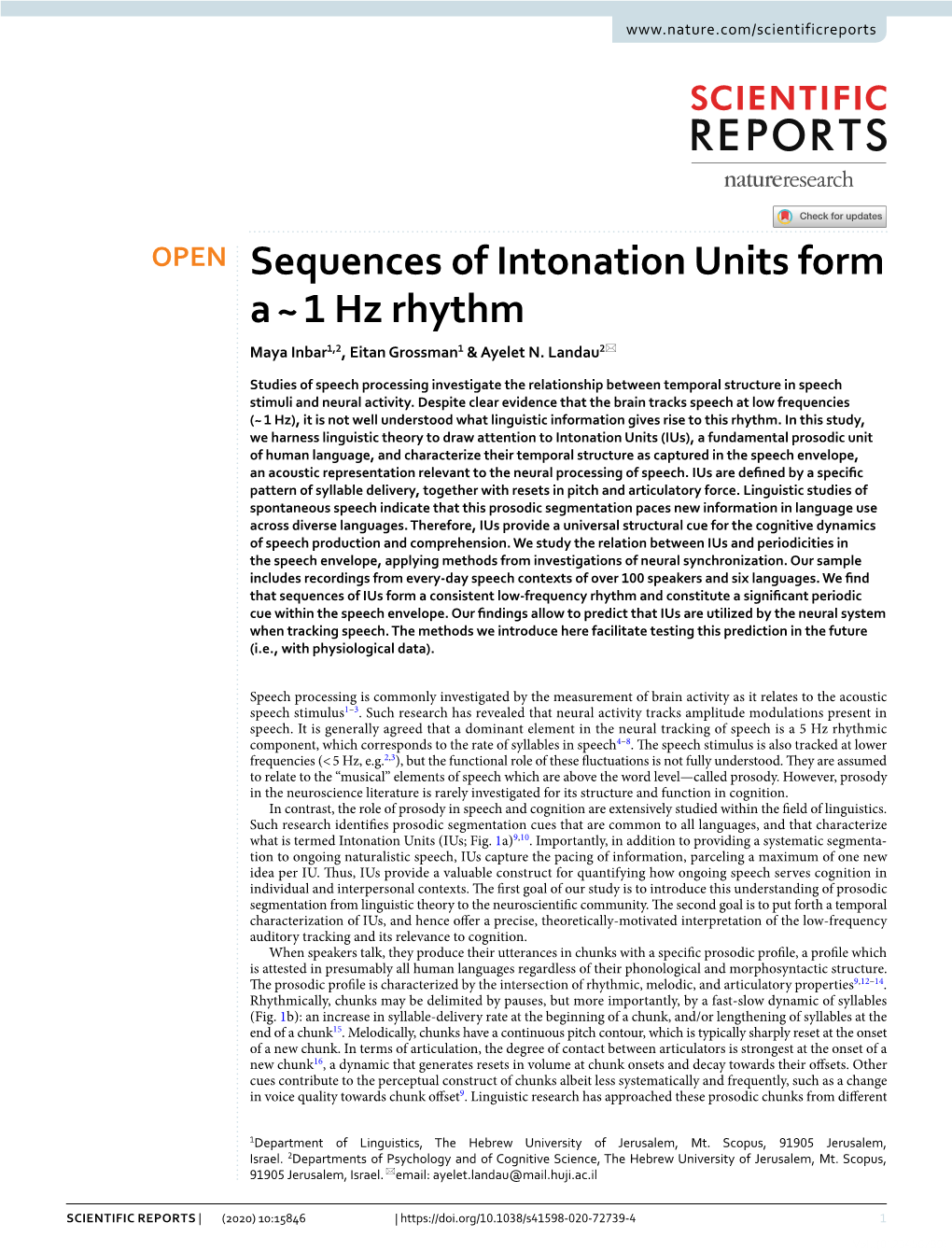 Sequences of Intonation Units Form a ~ 1 Hz Rhythm Maya Inbar1,2, Eitan Grossman1 & Ayelet N