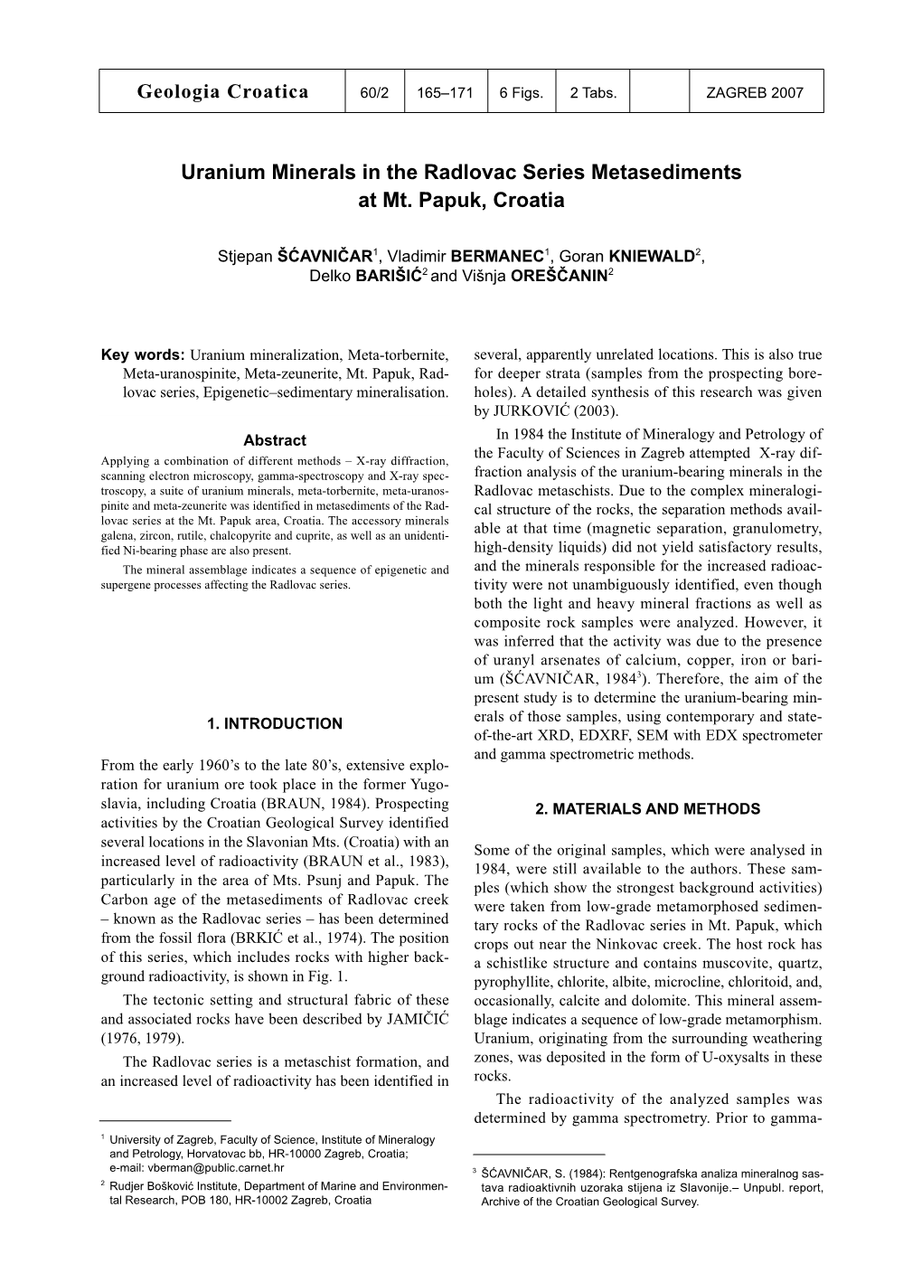 Uranium Minerals in the Radlovac Series Metasediments at Mt. Papuk, Croatia