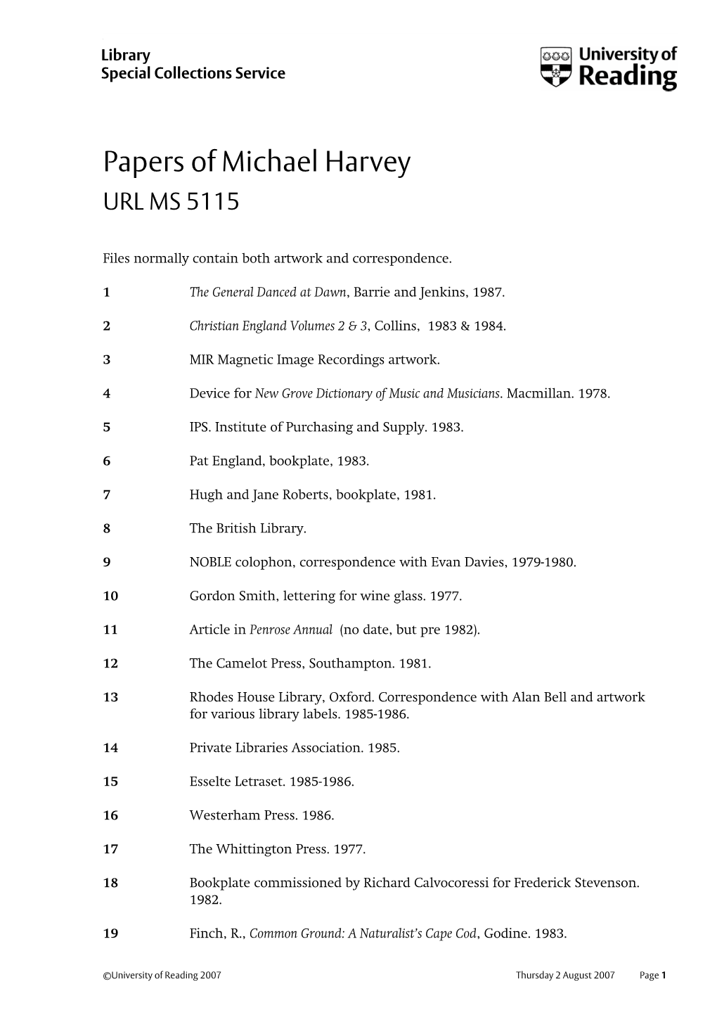 Handlist of the Papers of Michael Harvey