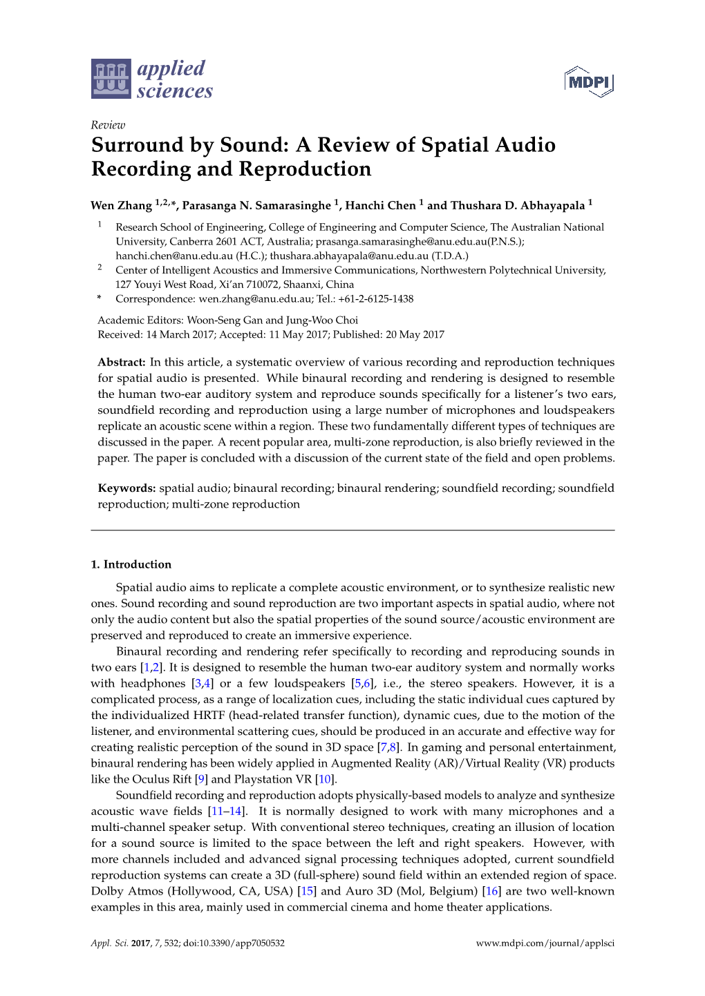 Surround by Sound: a Review of Spatial Audio Recording and Reproduction