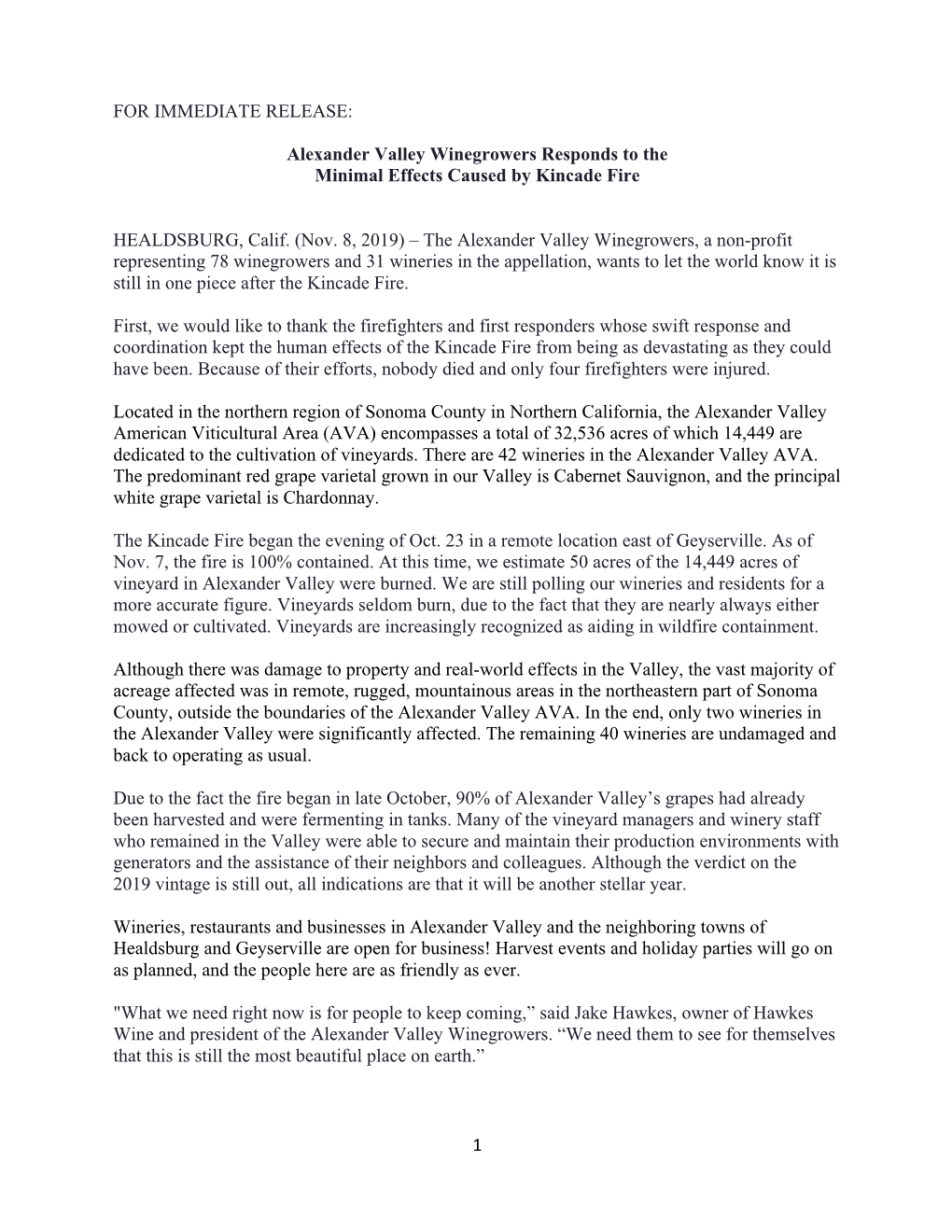 1 for IMMEDIATE RELEASE: Alexander Valley Winegrowers