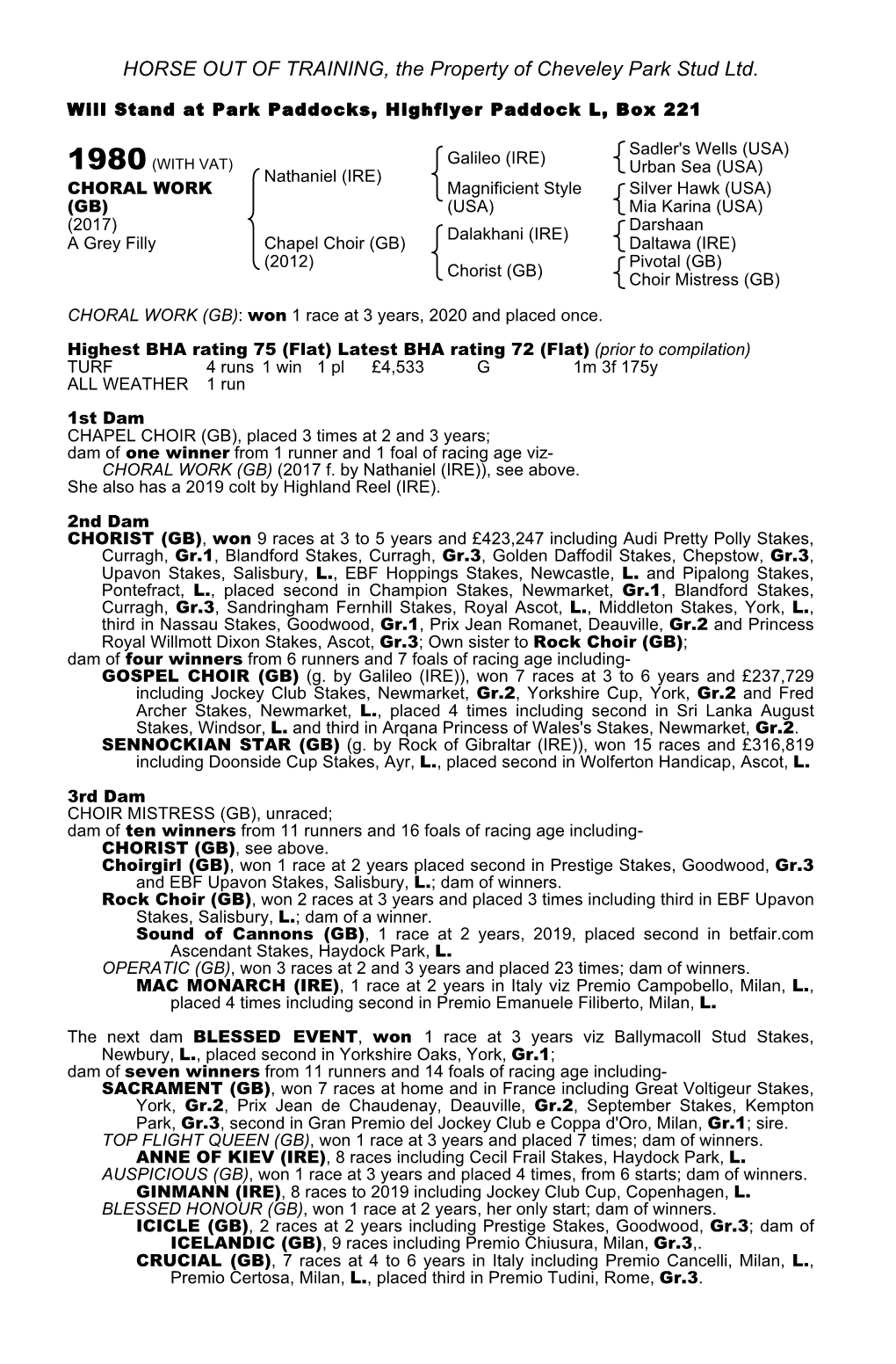 HORSE out of TRAINING, the Property of Cheveley Park Stud Ltd