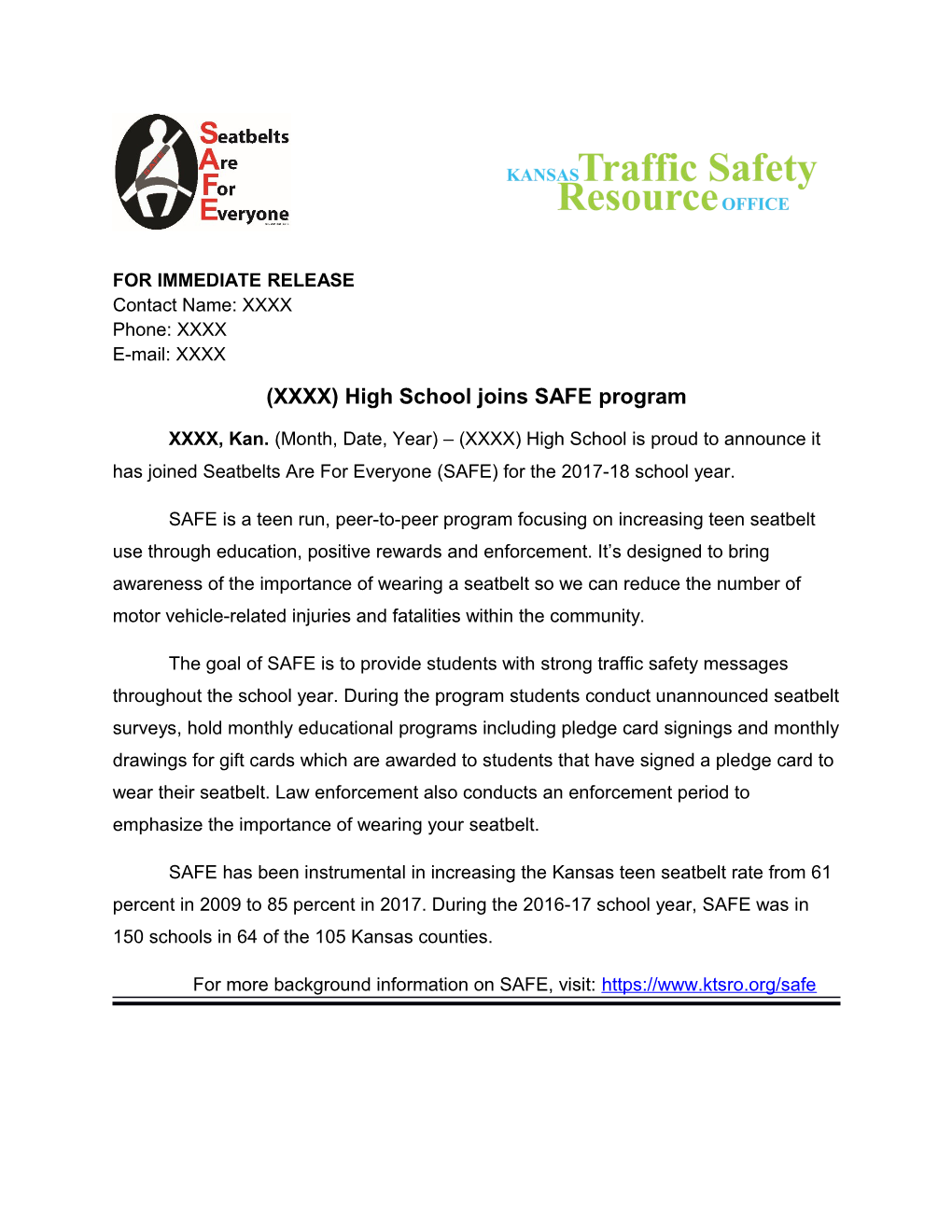 (XXXX) High School Joins SAFE Program