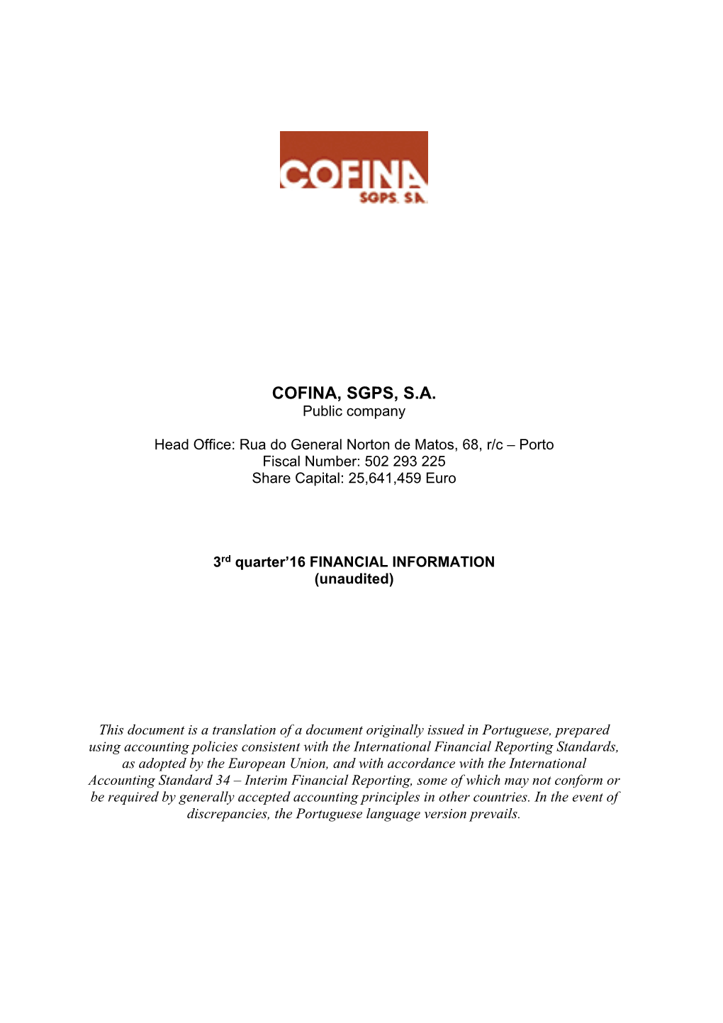 COFINA, SGPS, S.A. Public Company