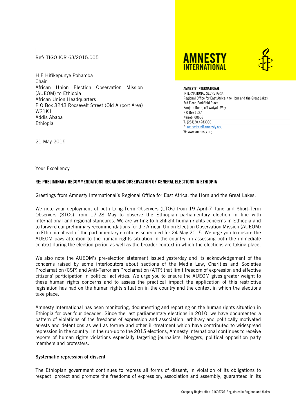 Amnesty International Letter to AUEOM Ethiopia 21 May 2015