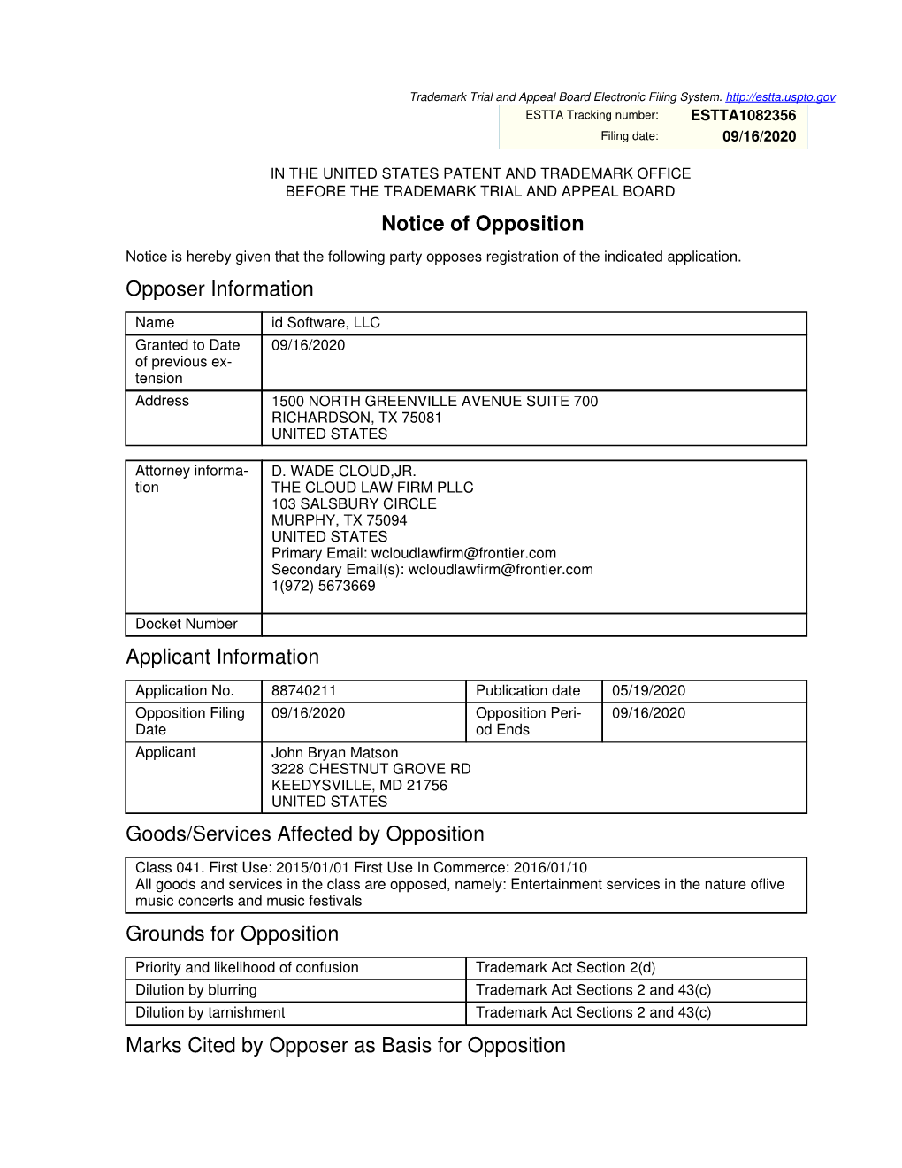 Notice of Opposition Opposer Information Applicant Information