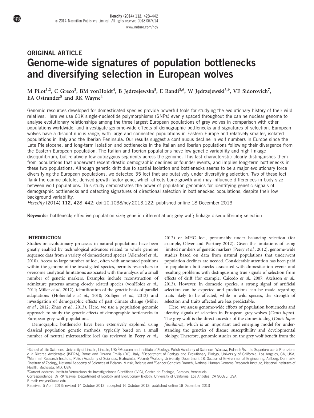 Genome-Wide Signatures of Population Bottlenecks and Diversifying Selection in European Wolves