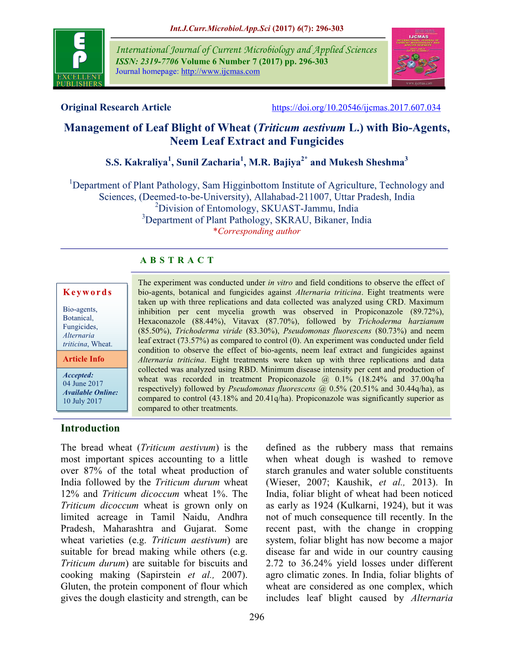 Management of Leaf Blight of Wheat (Triticum Aestivum L.) with Bio-Agents, Neem Leaf Extract and Fungicides