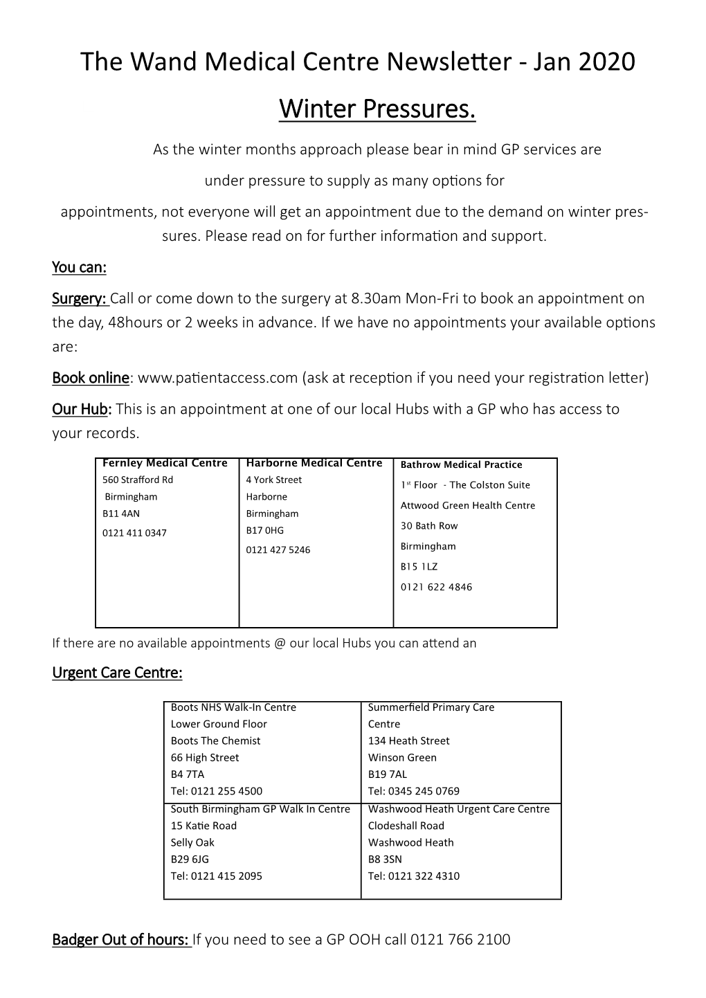 The Wand Medical Centre Newsletter - Jan 2020 Winter Pressures