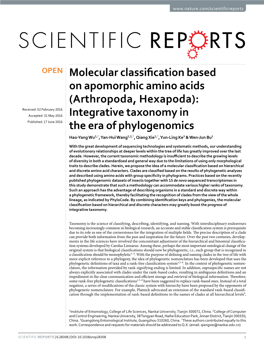 Molecular Classification Based on Apomorphic Amino