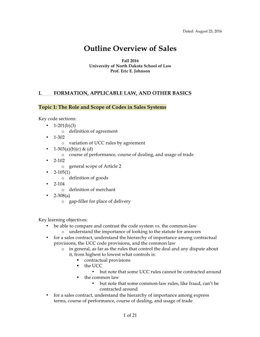 Outline Overview of Sales