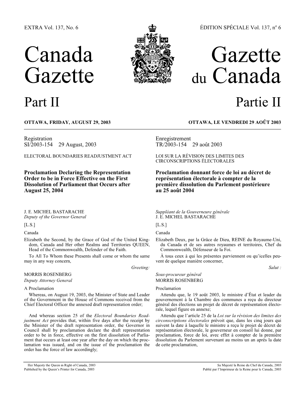 Canada Gazette, Part II, Extra