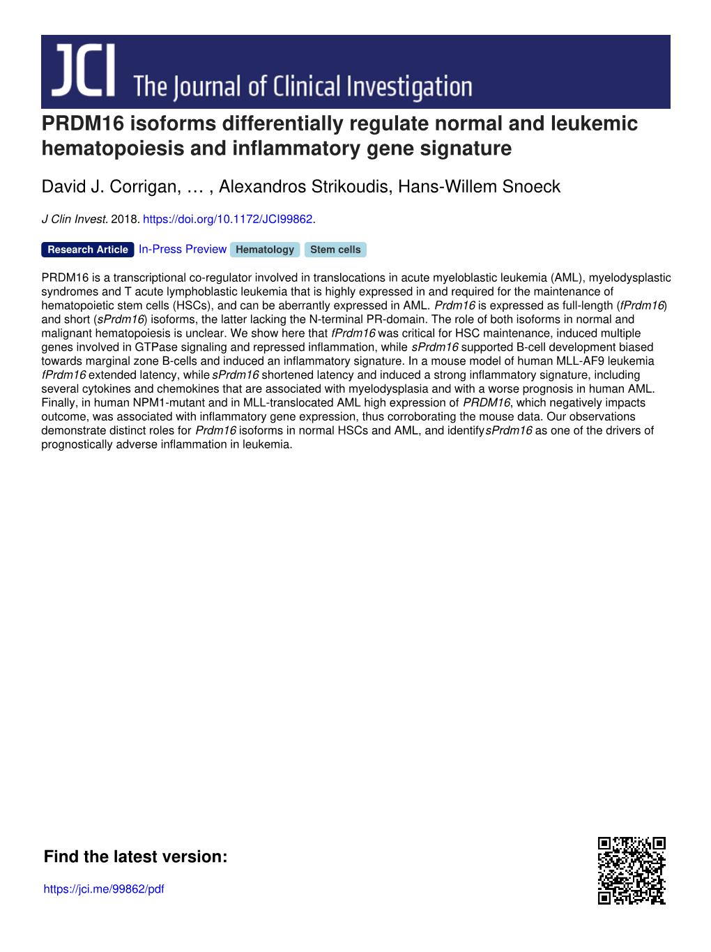 PRDM16 Isoforms Differentially Regulate Normal and Leukemic Hematopoiesis and Inflammatory Gene Signature