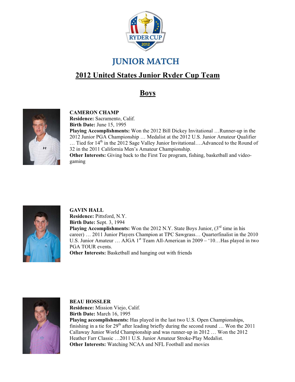 2012 United States Junior Ryder Cup Team Boys