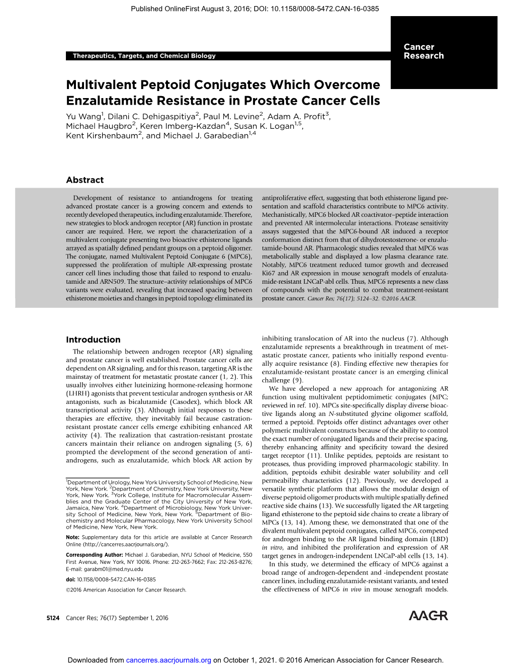 Multivalent Peptoid Conjugates Which Overcome Enzalutamide Resistance in Prostate Cancer Cells Yu Wang1, Dilani C