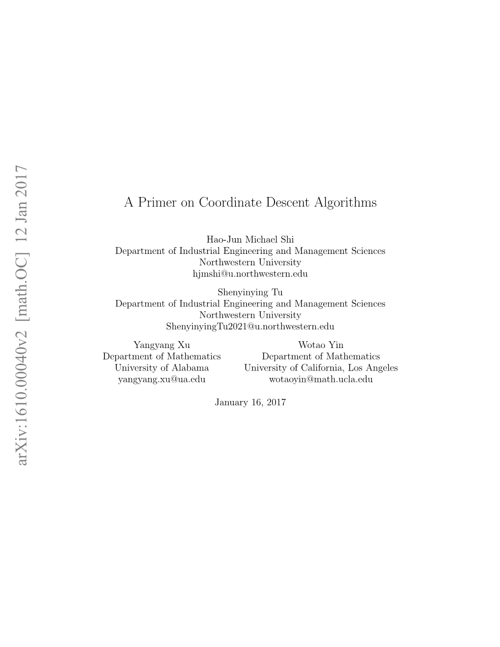 A Primer on Coordinate Descent Algorithms