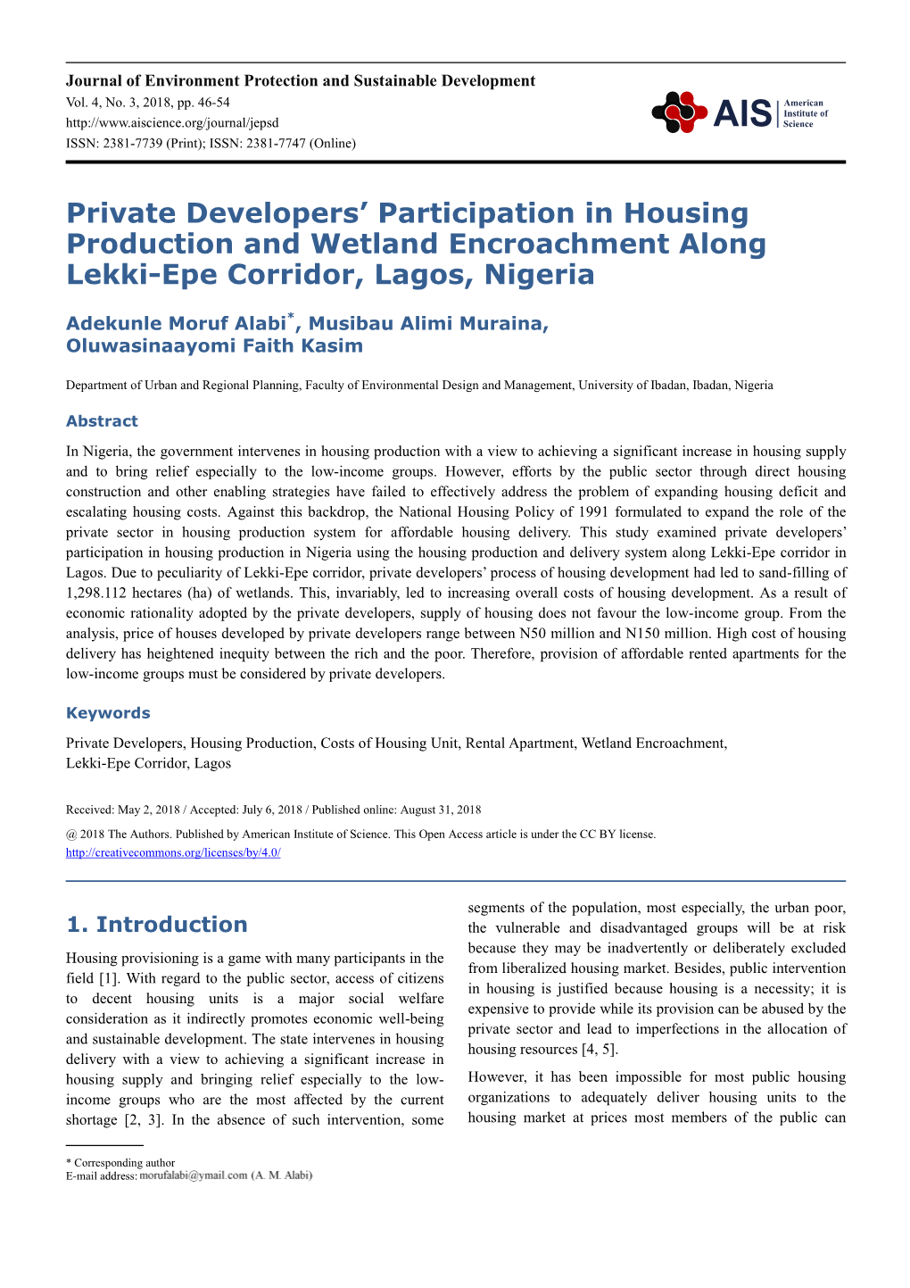 Private Developers' Participation in Housing Production and Wetland