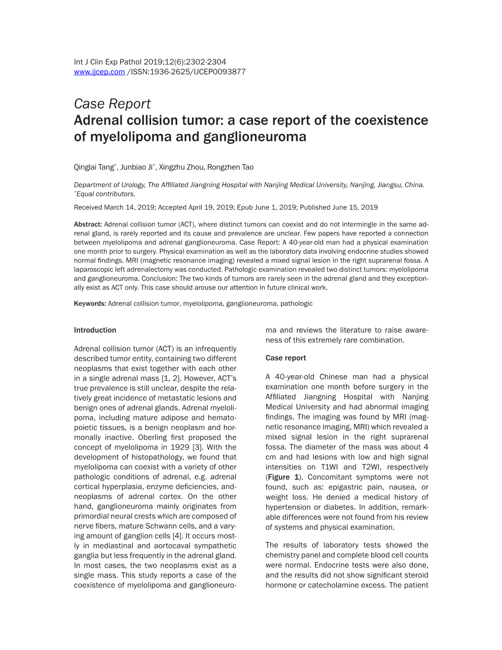 A Case Report of the Coexistence of Myelolipoma and Ganglioneuroma