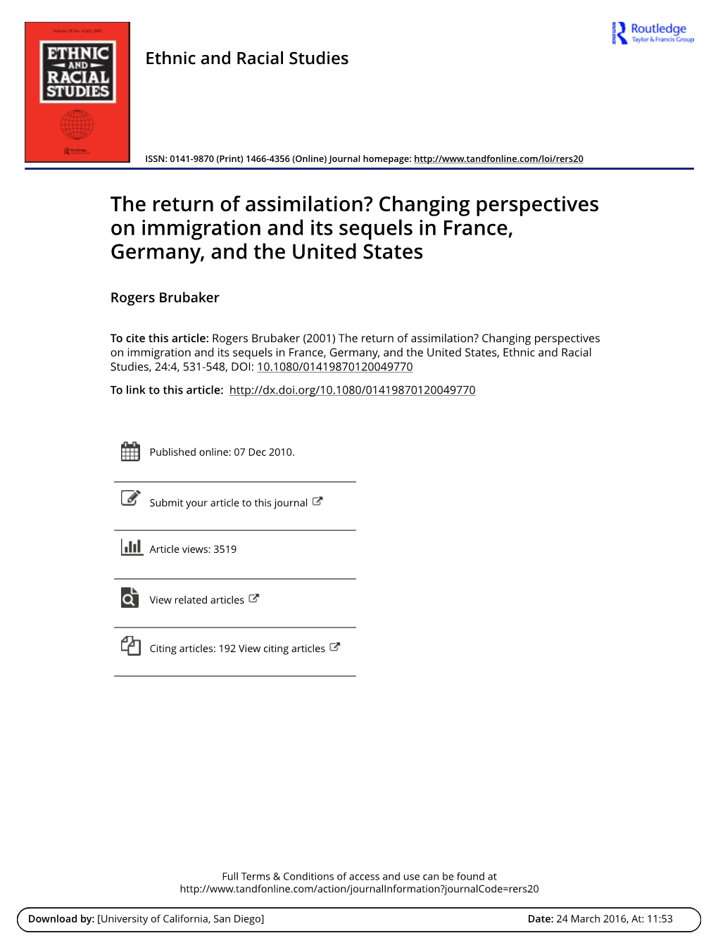 The Return of Assimilation? Changing Perspectives on Immigration and Its Sequels in France, Germany, and the United States