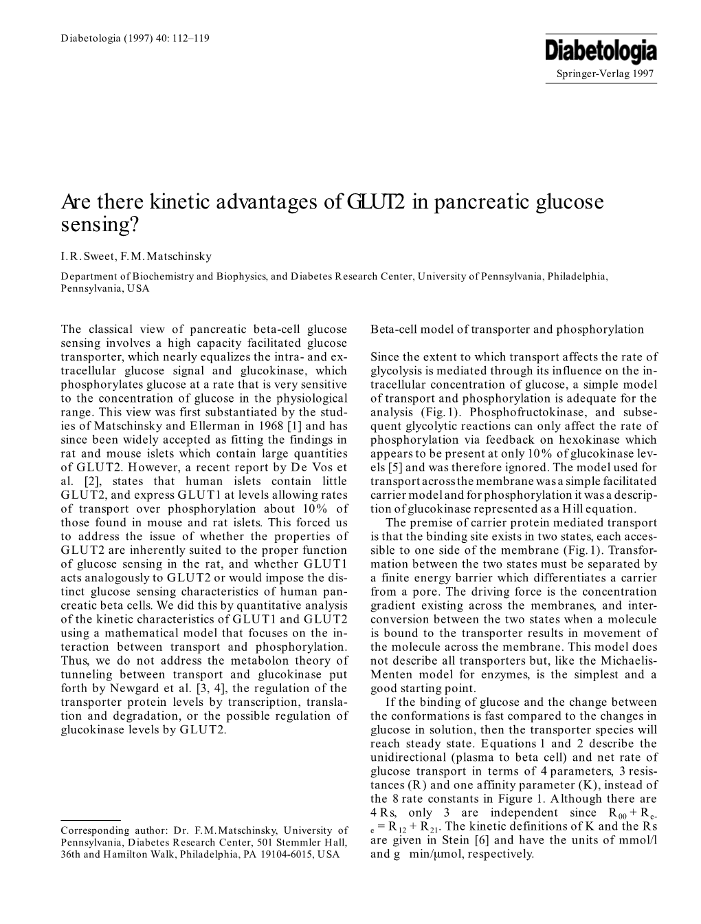 Are There Kinetic Advantages of GLUT2 in Pancreatic Glucose Sensing?