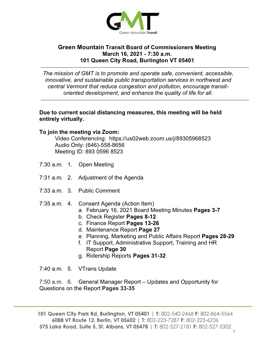 Green Mountain Transit Board of Commissioners Meeting March 16, 2021 - 7:30 A.M