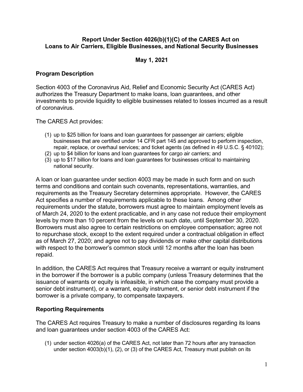 Of the CARES Act on Loans to Air Carriers, Eligible Businesses, and National Security Businesses