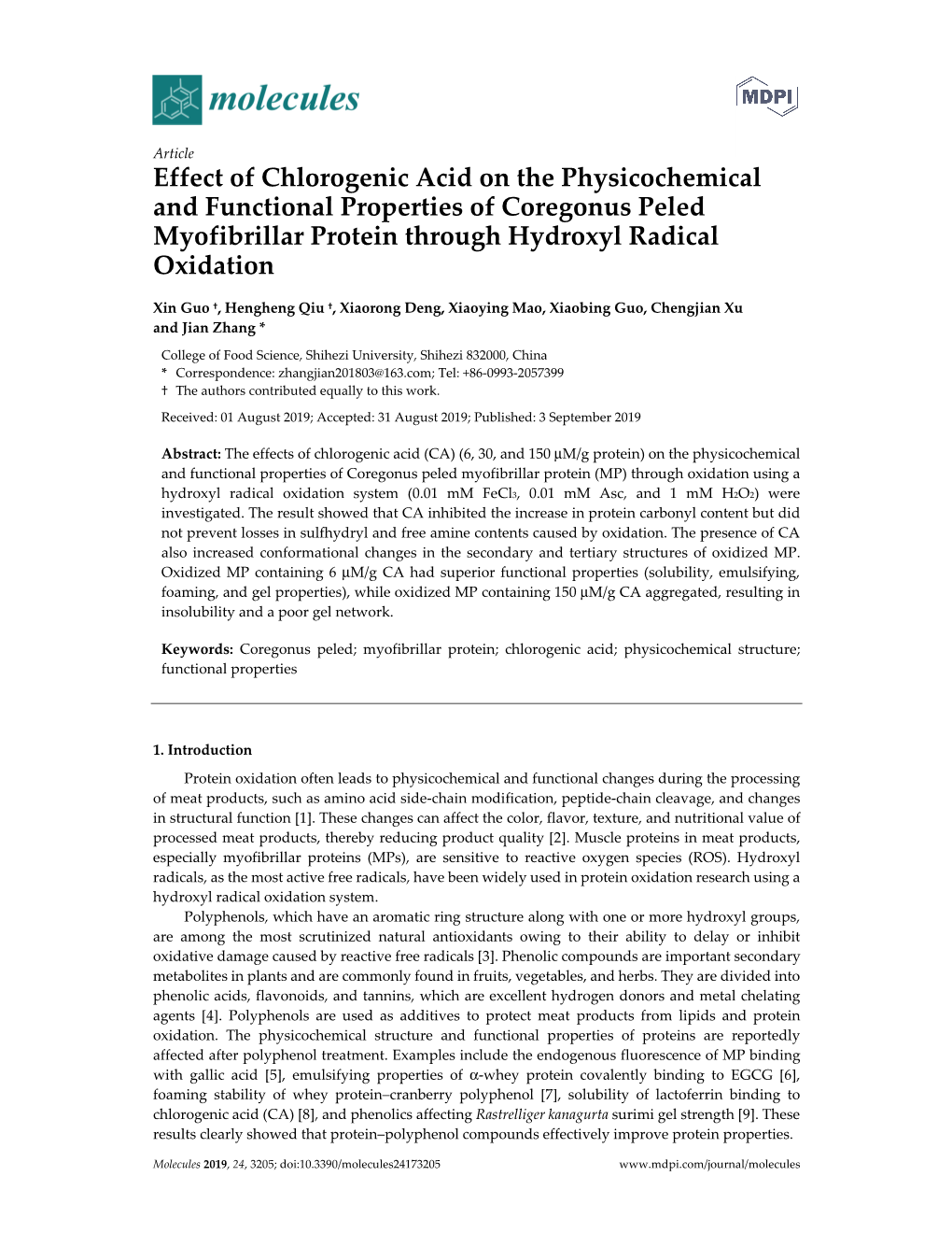 Effect of Chlorogenic Acid on the Physicochemical and Functional Properties of Coregonus Peled Myofibrillar Protein Through Hydroxyl Radical Oxidation