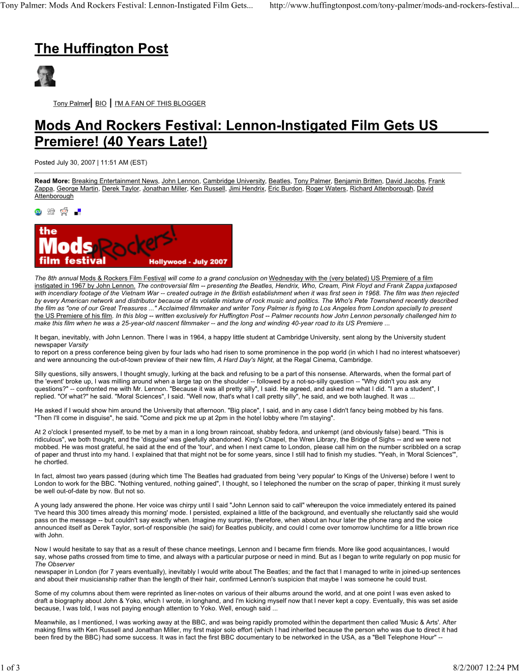 Tony Palmer: Mods and Rockers Festival: Lennon-Instigated Fil
