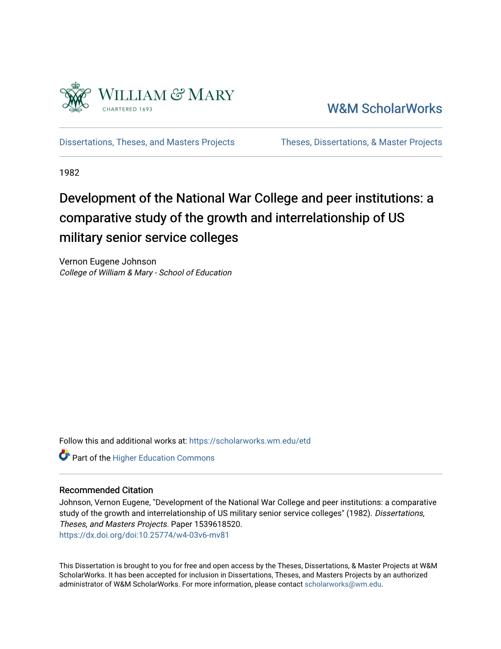Development of the National War College and Peer Institutions: a Comparative Study of the Growth and Interrelationship of US Military Senior Service Colleges