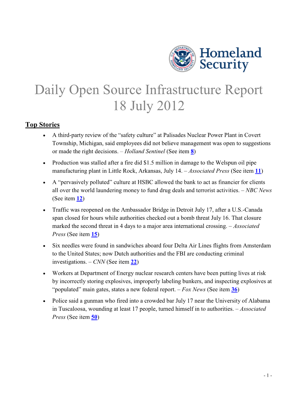 Department of Homeland Security Daily Open Source Infrastructure