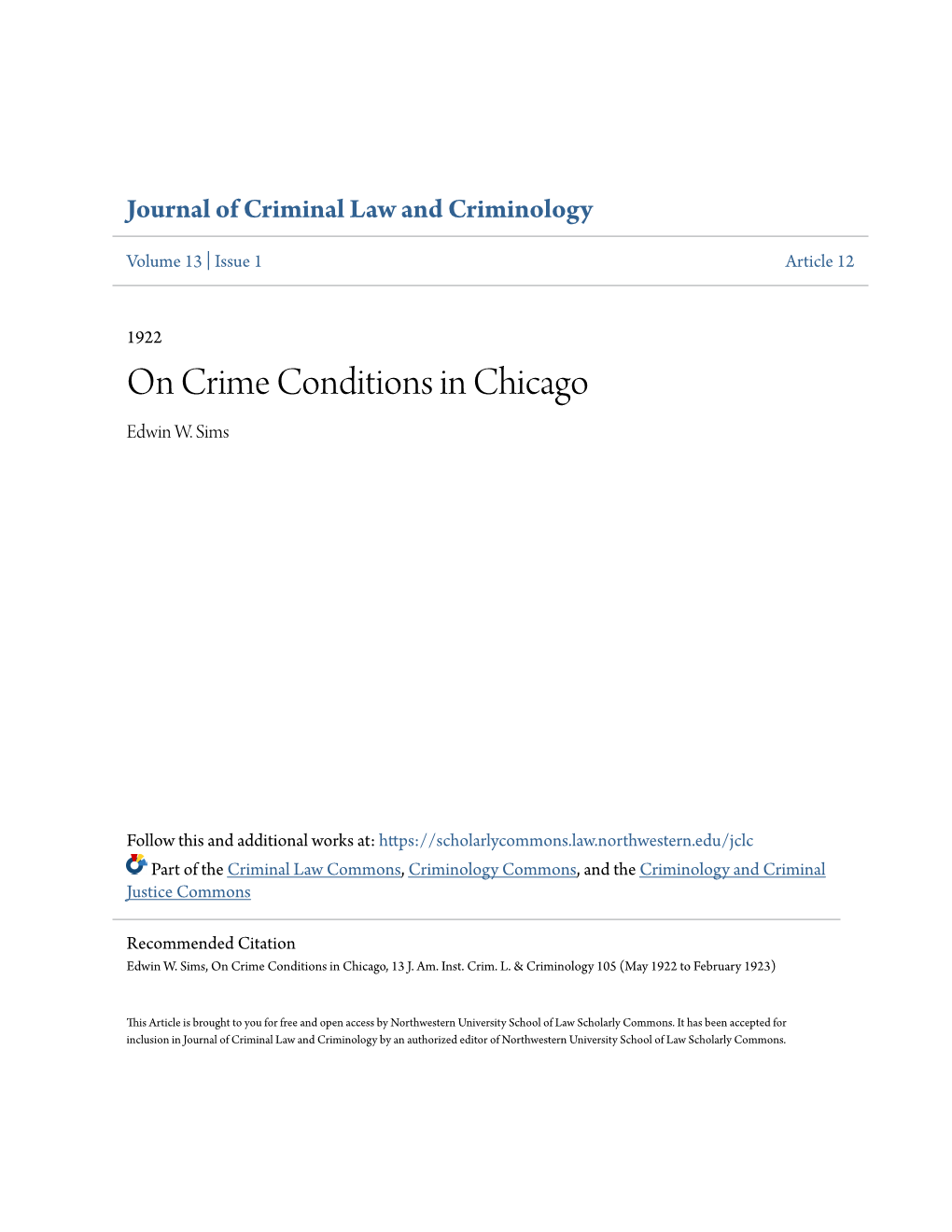 On Crime Conditions in Chicago Edwin W