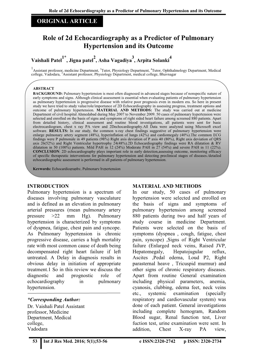 Role of 2D Echocardiography As a Predictor of Pulmonary Hypertension and Its Outcome