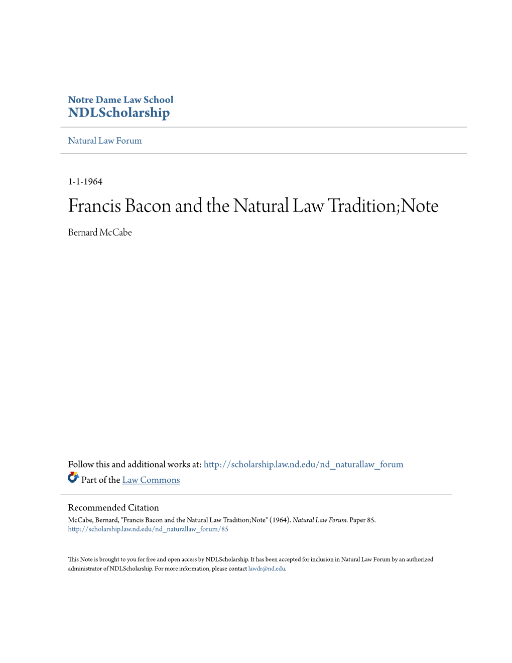 Francis Bacon and the Natural Law Tradition;Note Bernard Mccabe