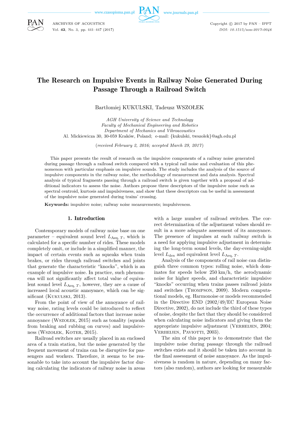 The Research on Impulsive Events in Railway Noise Generated During Passage Through a Railroad Switch