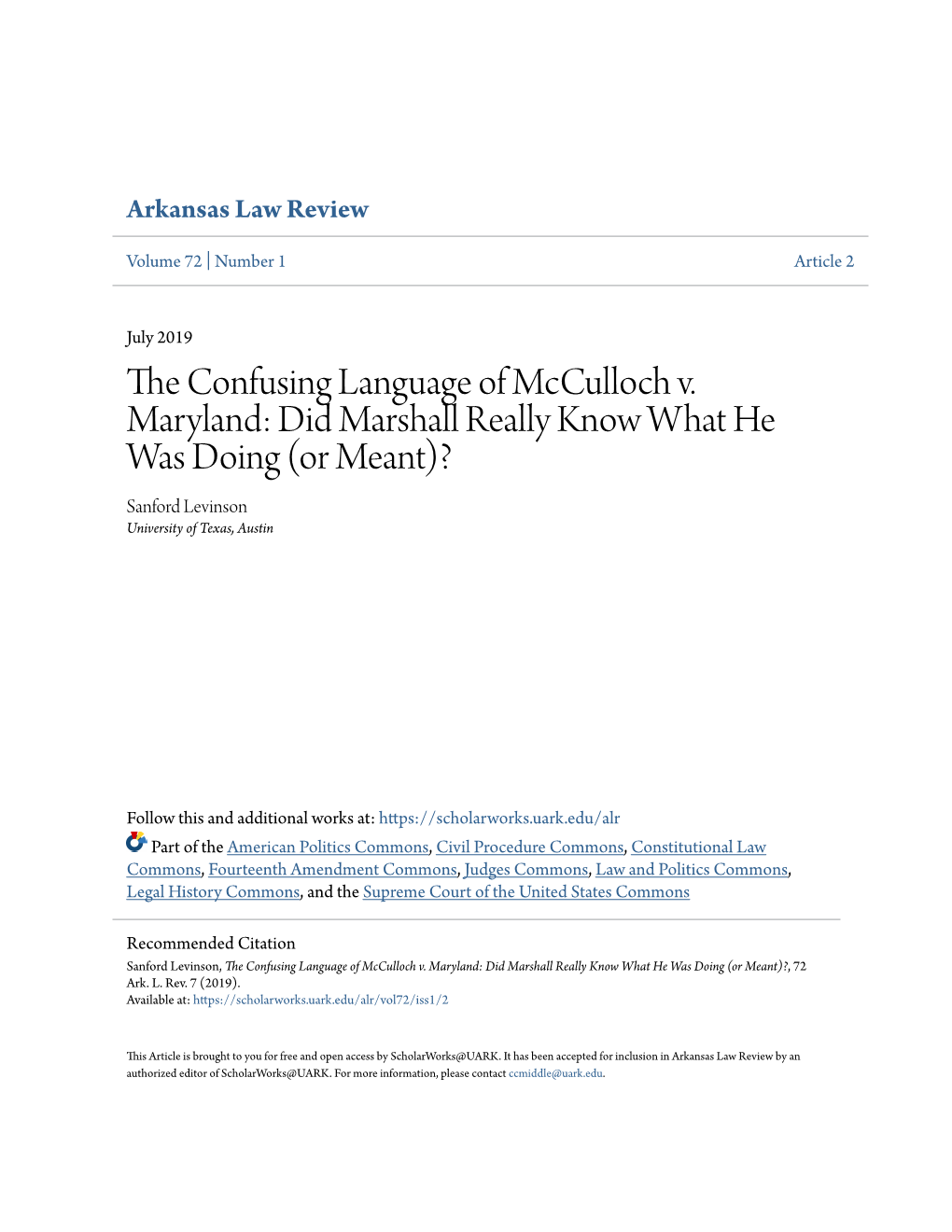 The Confusing Language of Mcculloch V. Maryland: Did Marshall Really Know What He Was Doing (Or Meant)?, 72 Ark