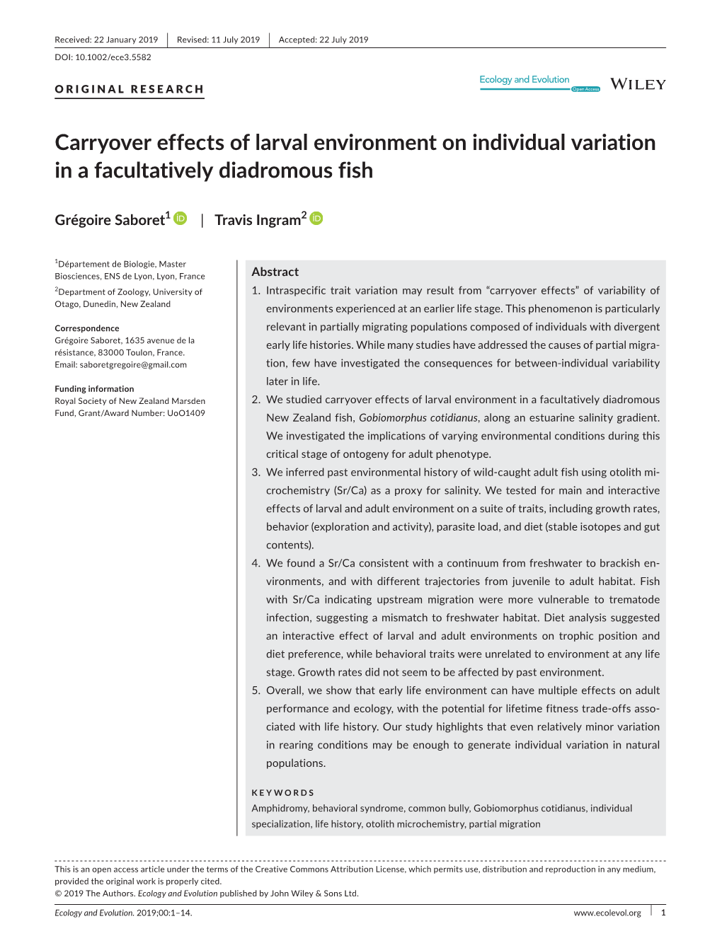 Carryover Effects of Larval Environment on Individual Variation in a Facultatively Diadromous Fish