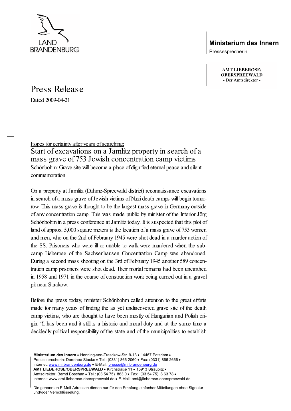 Press Release Dated 2009-04-21