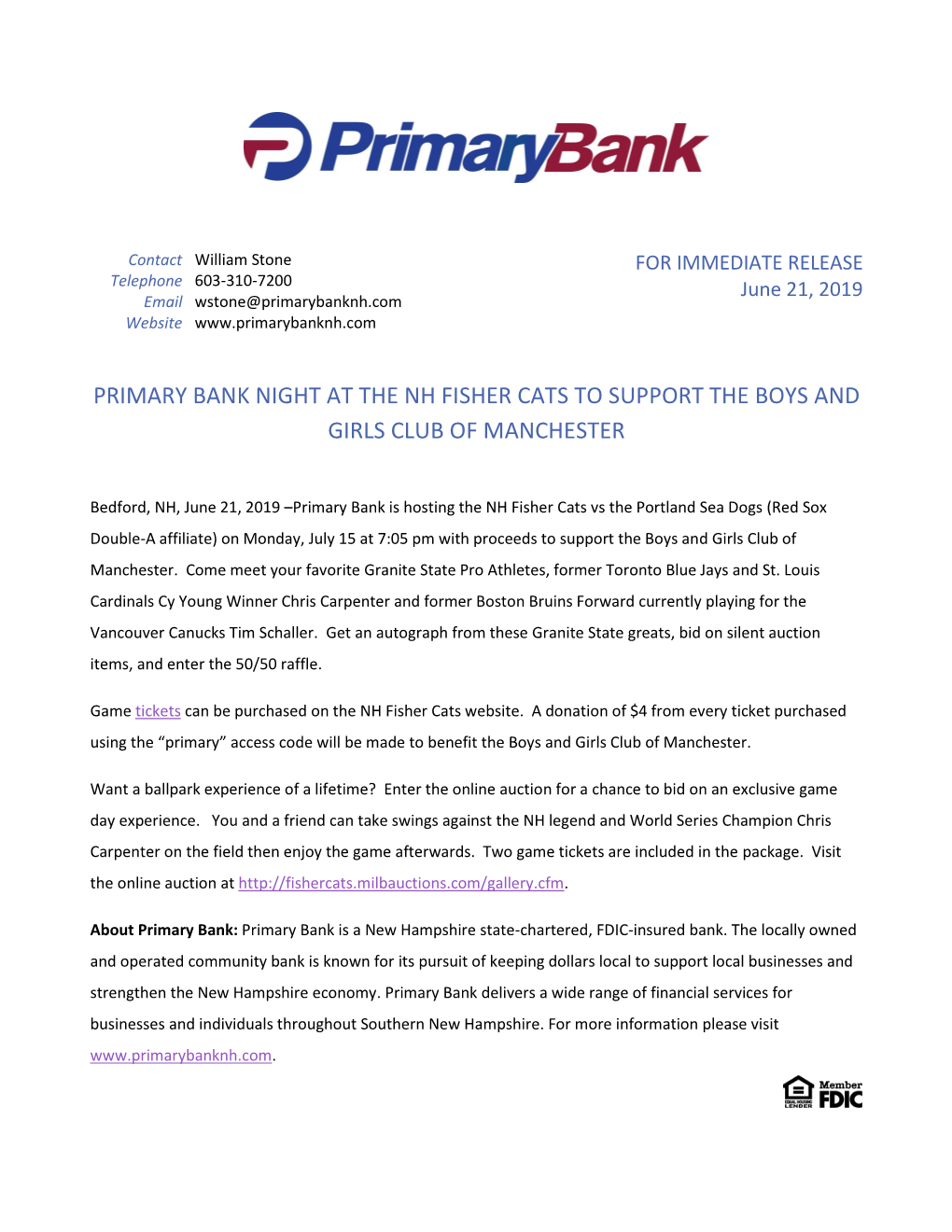 Primary Bank Night at the Fisher Cats on July 15