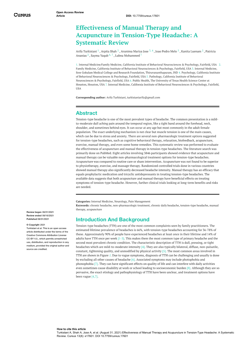 Effectiveness of Manual Therapy and Acupuncture in Tension-Type Headache: a Systematic Review