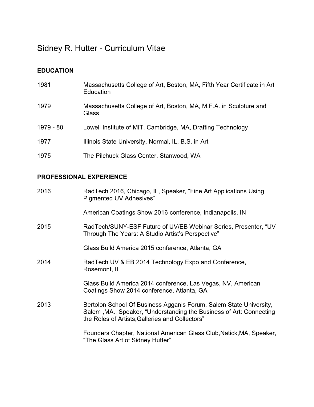 Sidney R. Hutter - Curriculum Vitae