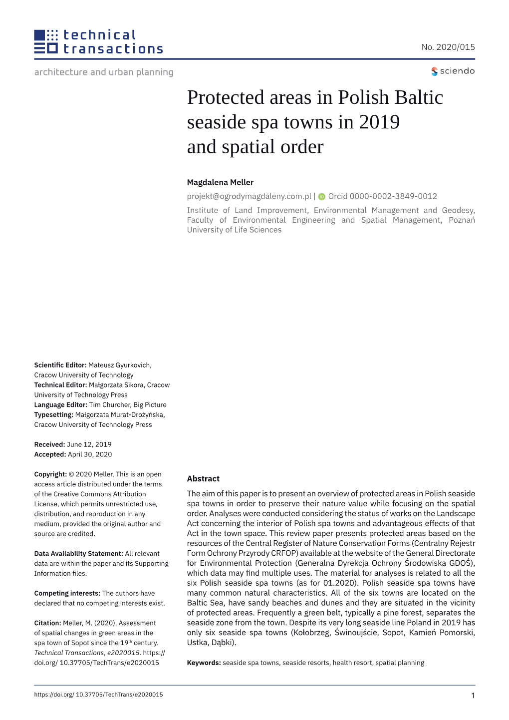 Protected Areas in Polish Baltic Seaside Spa Towns in 2019 and Spatial Order