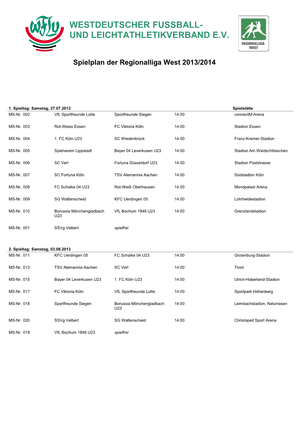 09.07.13 Spielplan Regionalliga West 2013/2014