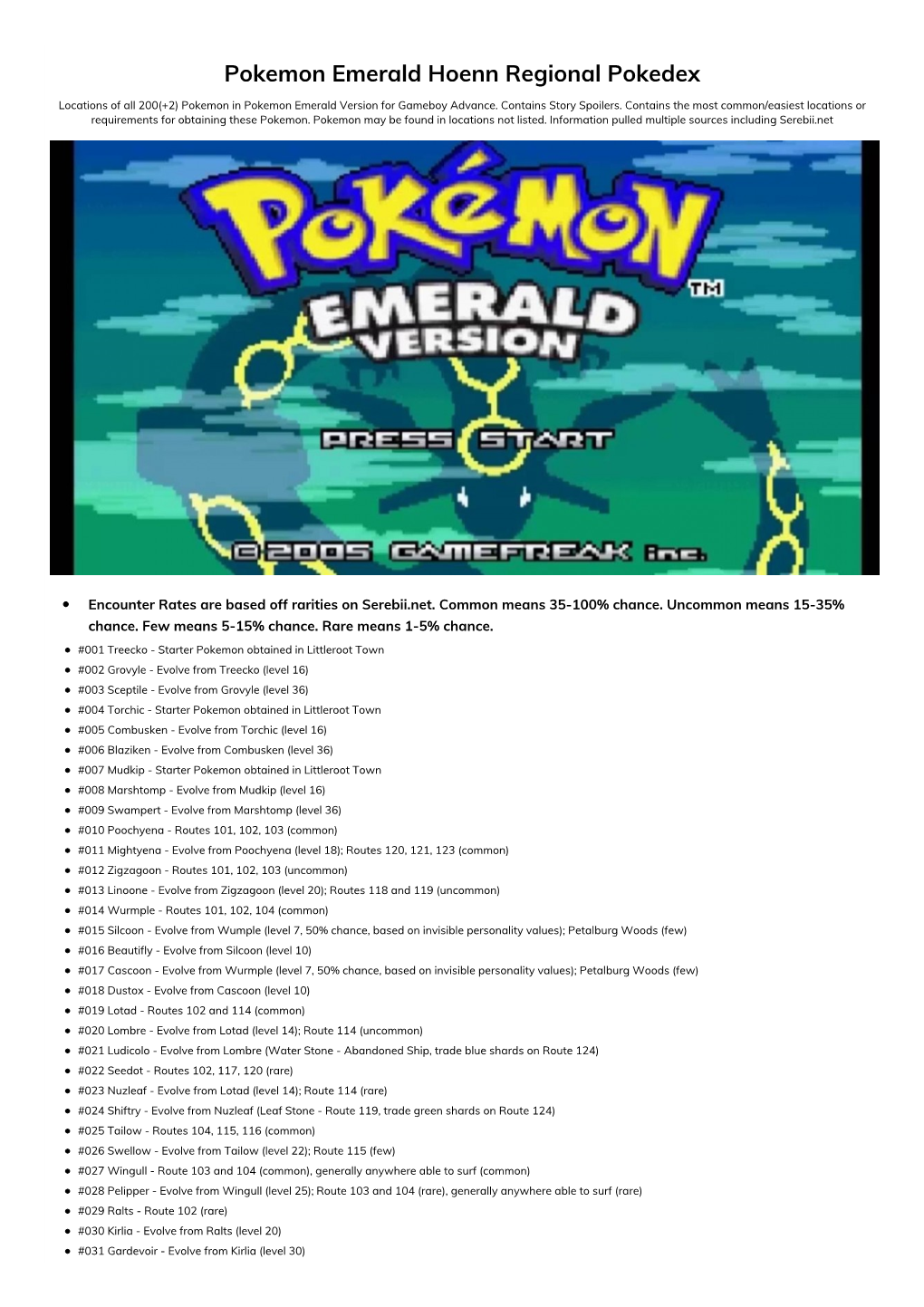 Pokemon Emerald Hoenn Regional Pokedex