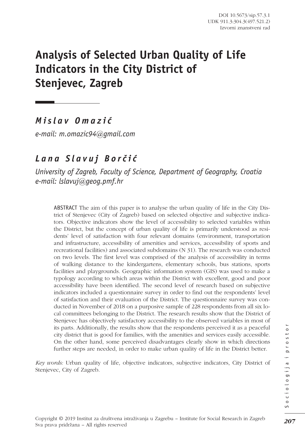 Analysis of Selected Urban Quality of Life Indicators in the City District of Stenjevec, Zagreb